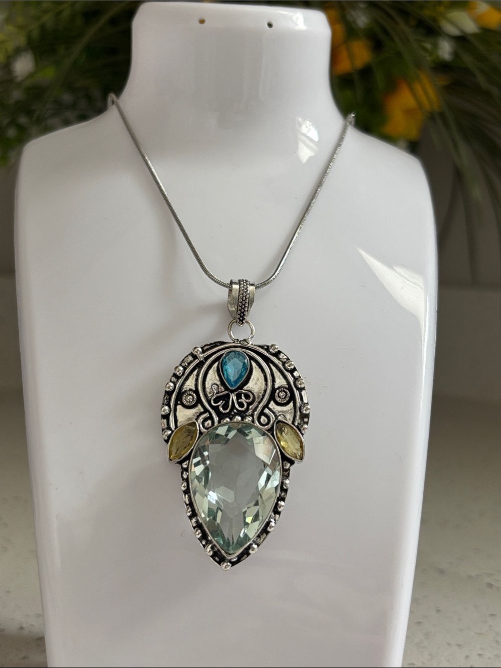 Silver Teardrop Aquamarine Citrine Gemstone Pendant Necklace